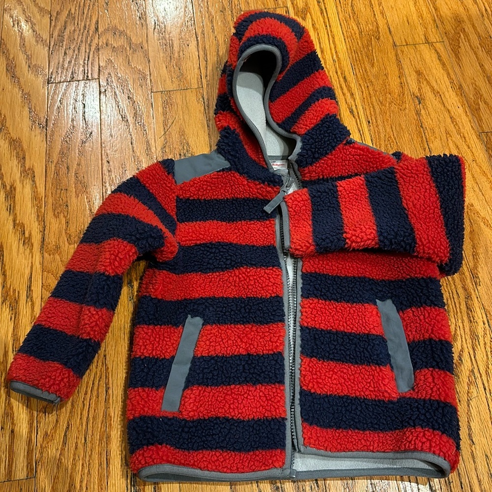 EUC Hanna Andersson Sherpa Jacket Sz 100 Navy Red stripe fleece lined US kid 5/6